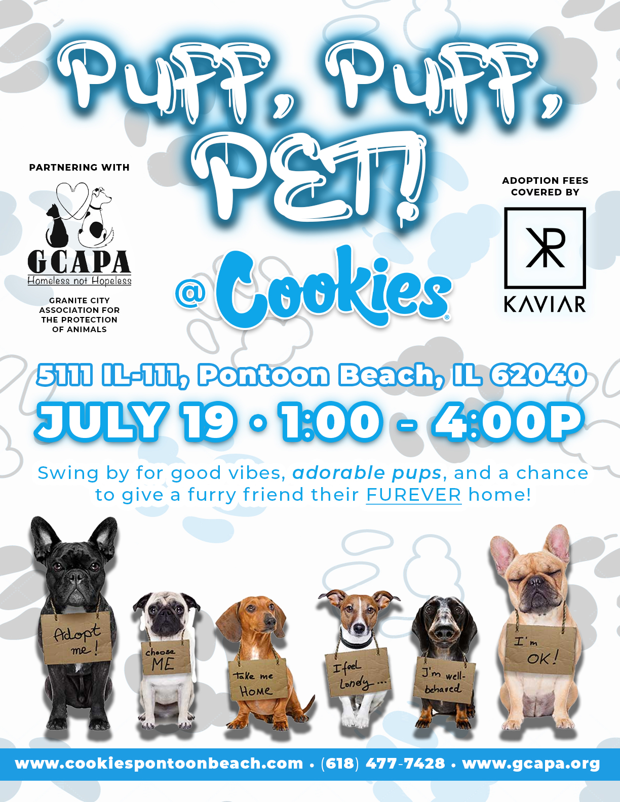 Puff Puff Pet dog adoption event flyer for Cookies Pontoon Beach on July 19, 1–4PM. Features adorable dogs holding signs, Granite City APA and Kaviar logos, and event details.